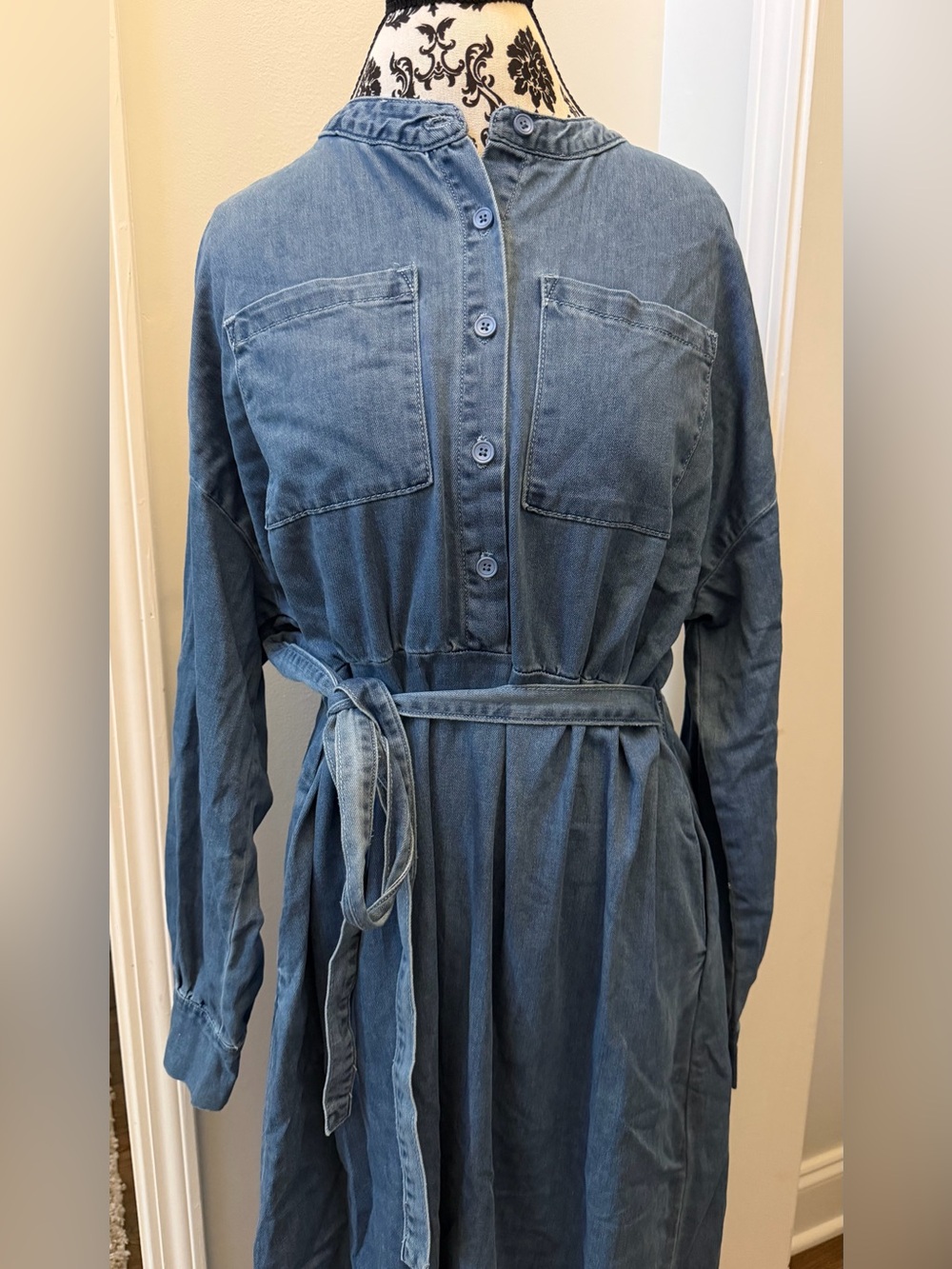Faris Denim Button-Front Shirt Dress with Tie Waist